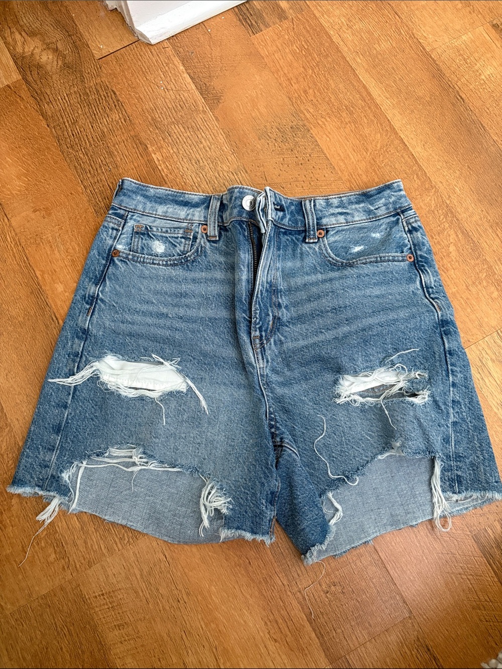 American Eagle Outfitters Distressed High-Rise Denim Shorts - Blue